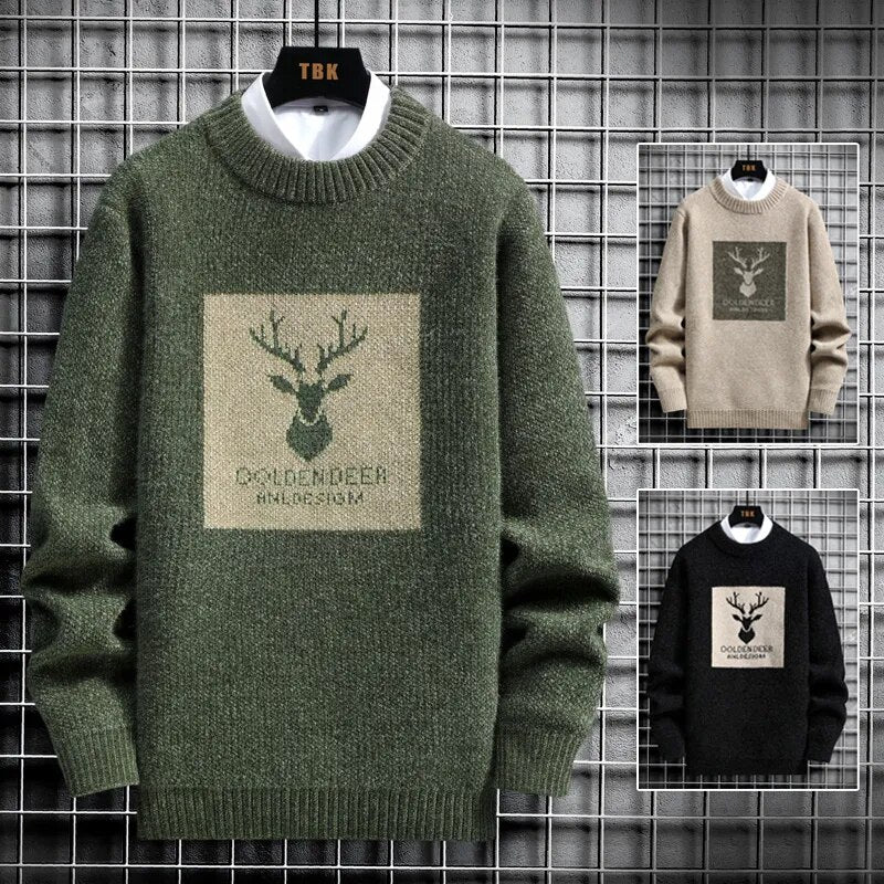 2023 Autumn Vintage Sweaters Ugly Sweaters for Men Knitted Sweater Men Deer Print Pullover Harajuku White Padded Velvet Sweater