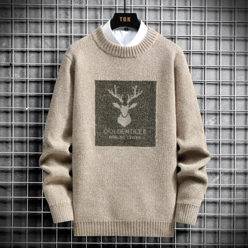 2023 Autumn Vintage Sweaters Ugly Sweaters for Men Knitted Sweater Men Deer Print Pullover Harajuku White Padded Velvet Sweater