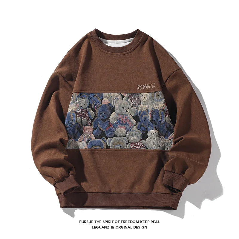 2023 Men‘s Sweatshirt Harajuku Vintage Sweatshirts Hip Hop Hipster Round Neck Pullover Embroider Bear Graphic Unisex Hoodie