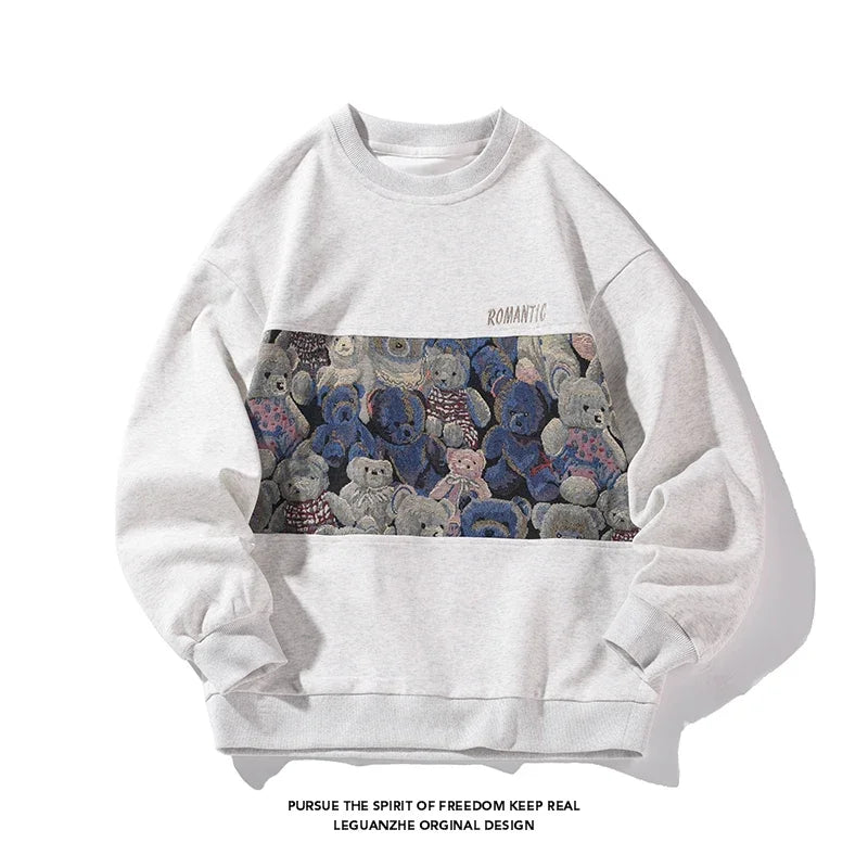 2023 Men‘s Sweatshirt Harajuku Vintage Sweatshirts Hip Hop Hipster Round Neck Pullover Embroider Bear Graphic Unisex Hoodie