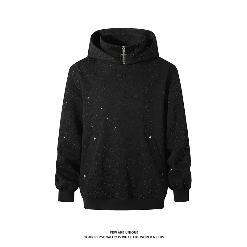 2024 Full Star Hooded Sweatshirt Men's New American High Street Galaxy Shiny Hoodie Half Zip Unisex Sweatshirt
