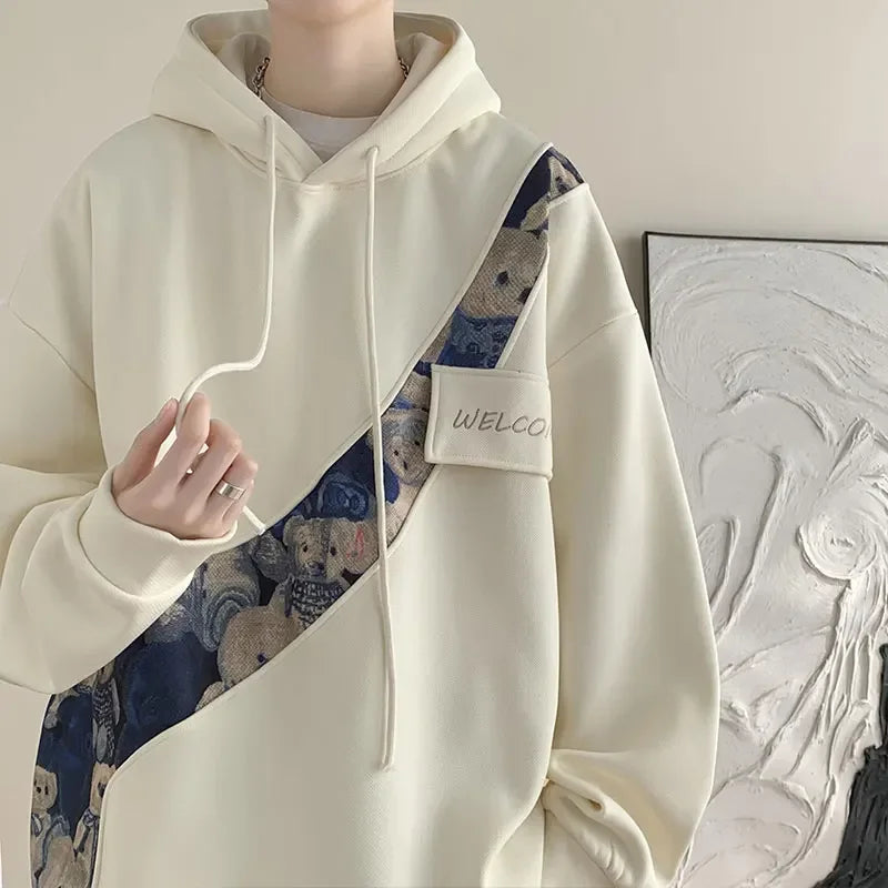 2024 Men Hoodies Harajuku Style Embroidery Pattern Bear Unisex Hoodie Loose Couple's Pullover Hooded Baggy Male Sweatshirt