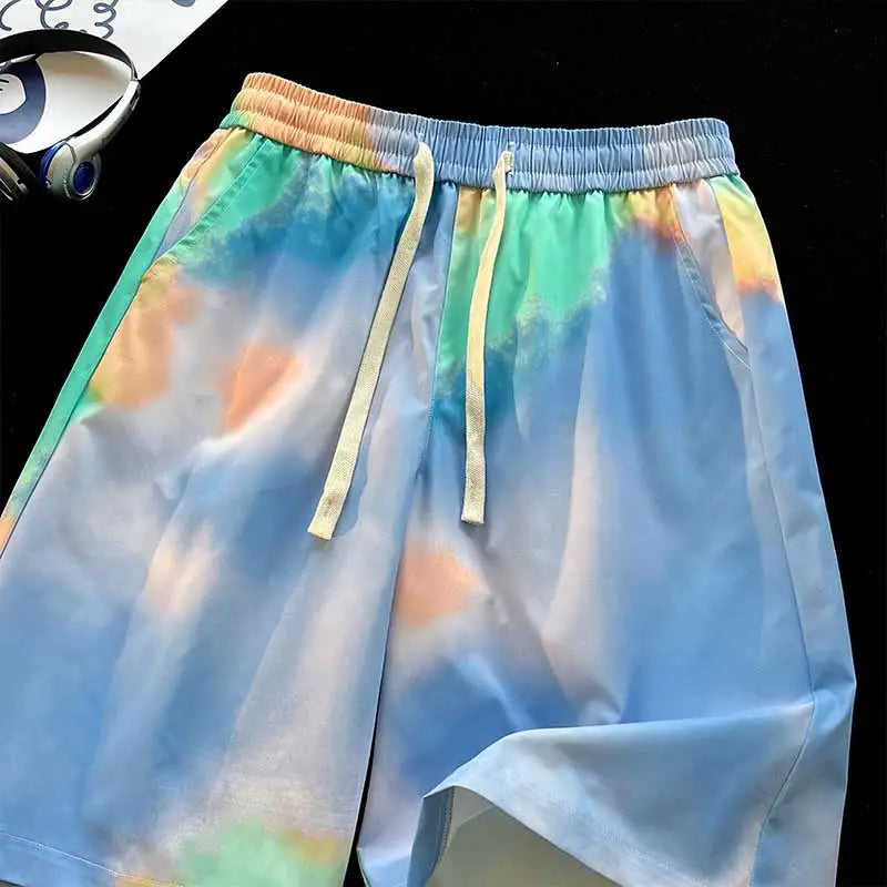 2024 Men Shorts Fashion Tie-Dye Shorts Basketball Sportswear Cargo Short Pants Breathable Elastic Waist Drawstring Casual Pants