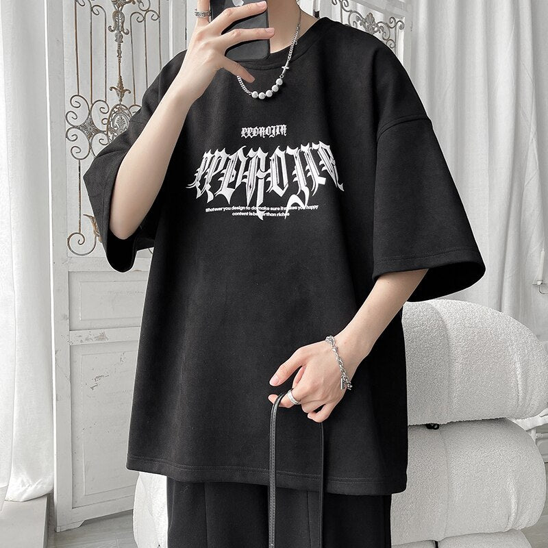 Gothic Men T-shirt Letter Print Tees Hip Hop Short Sleeve Man Tops Large Size Couples Fashion Tee Top Male Casual Loose Clothing