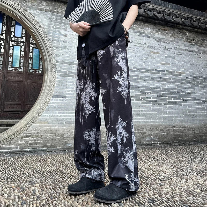 Ink Painting Casual Pants Ice Silk Men's Spring Summer New Large Size Loose Straight Pants Japan Korea Style Mopping Trousers