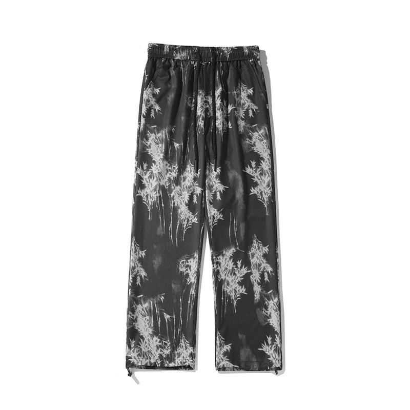 Ink Painting Casual Pants Ice Silk Men's Spring Summer New Large Size Loose Straight Pants Japan Korea Style Mopping Trousers