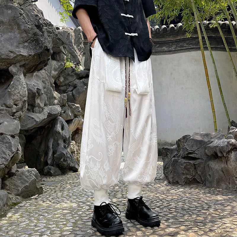Japanese Style Pants Satin Material Dragon Pattern Harlan Pants Drawstring Elastic Waist Baggy Trousers