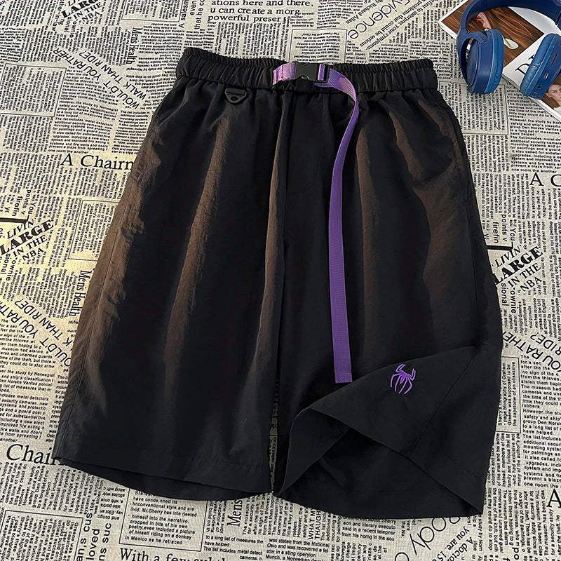 Men Streetwear Cargo Shorts Contrast Belt Design Hip Hop Track Shorts Sweatpants Baggy Short Summer Baggy Pants