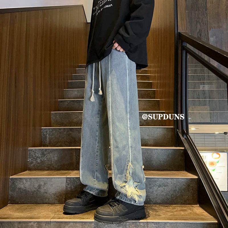Men's Casual Jeans Vintage Street Style Straight Leg Jeans Star Patch Denim Pants 2024 Korean High-street Versatile Jean