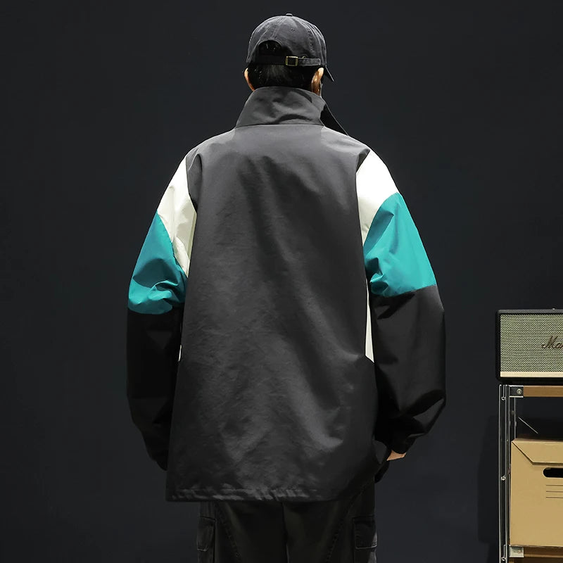 Men's  Patchwork Varsity Jacket Long Sleeve Turndown Collar Zip Windbreaker Side Pockets Windproof Casual Coat