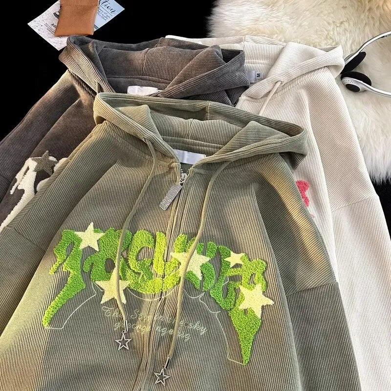 Vintage Embroidered Star Letter Corduroy Hoodies Zipper Cardigan Women's Clothing Harajuku Y2k Jacket Coat Casual Male Hooded