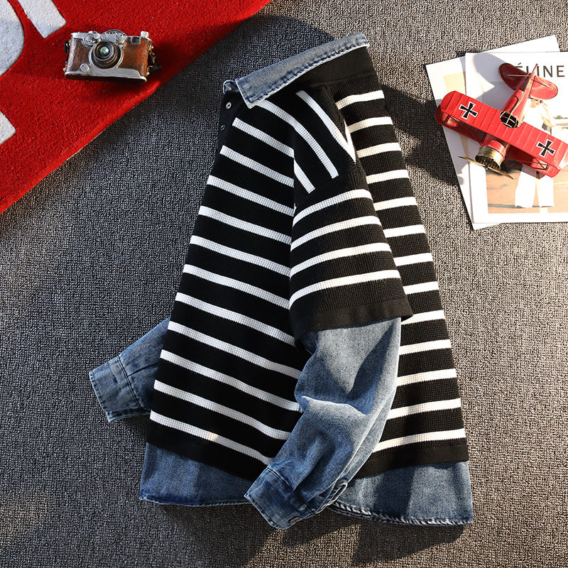 Fake Two Pieces Denim Splicing Jumper Korean Style Striped Long-sleeved Polo Shirt Men Women Casual Tops 2025 Autumn New Sweater
