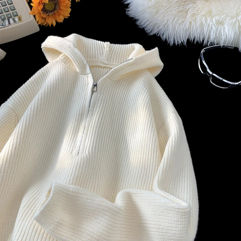 2024 Autumn Solid Color Half-zip Hooded Sweatshirt Japanese Casual Knitted Hoodie Trend Versatile Tops Women Men Clothing