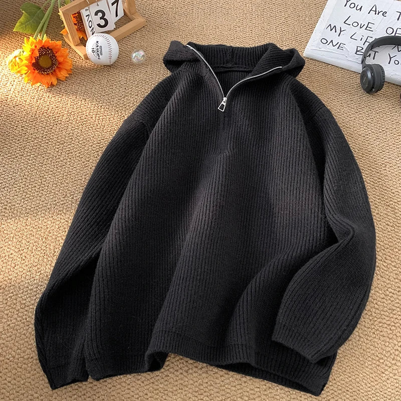 2024 Autumn Solid Color Half-zip Hooded Sweatshirt Japanese Casual Knitted Hoodie Trend Versatile Tops Women Men Clothing