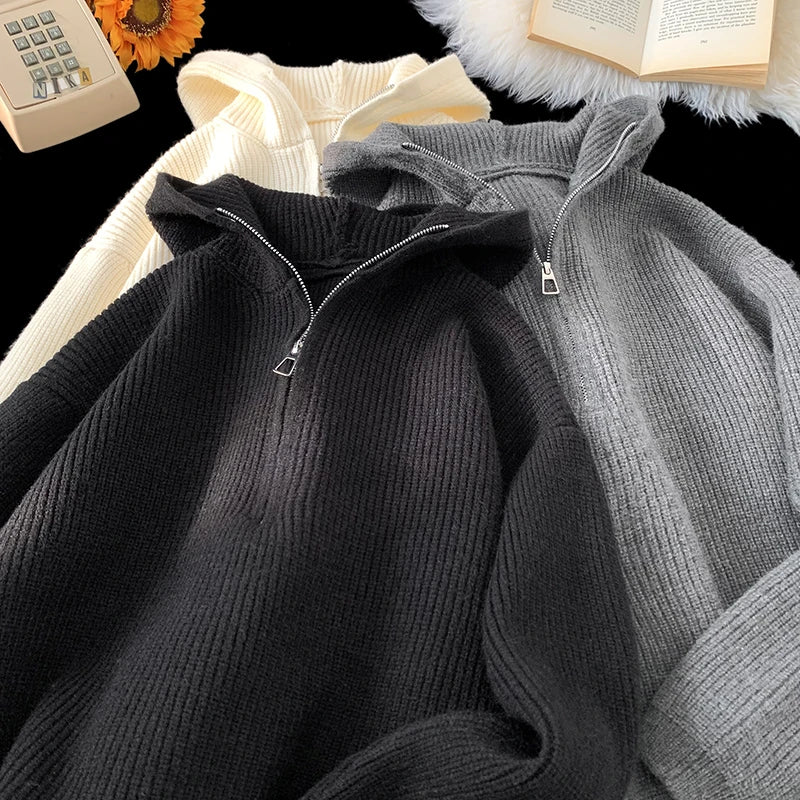 2024 Autumn Solid Color Half-zip Hooded Sweatshirt Japanese Casual Knitted Hoodie Trend Versatile Tops Women Men Clothing