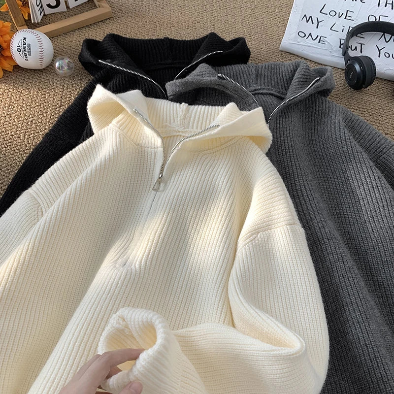 2024 Autumn Solid Color Half-zip Hooded Sweatshirt Japanese Casual Knitted Hoodie Trend Versatile Tops Women Men Clothing