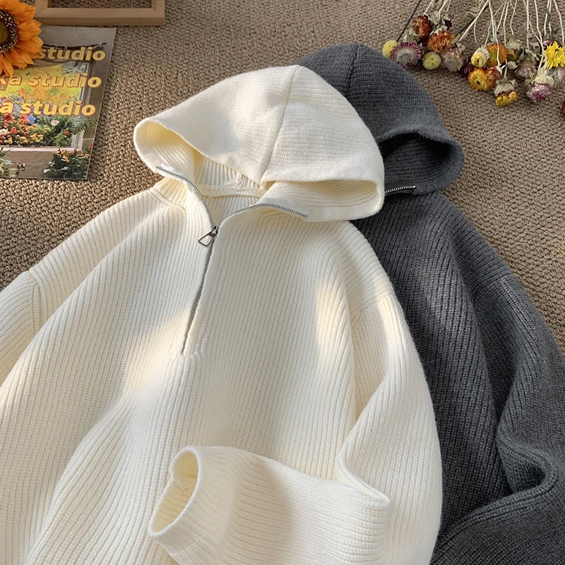 2024 Autumn Solid Color Half-zip Hooded Sweatshirt Japanese Casual Knitted Hoodie Trend Versatile Tops Women Men Clothing