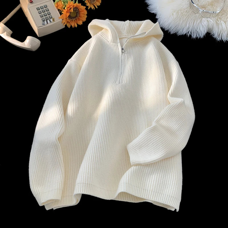2024 Autumn Solid Color Half-zip Hooded Sweatshirt Japanese Casual Knitted Hoodie Trend Versatile Tops Women Men Clothing