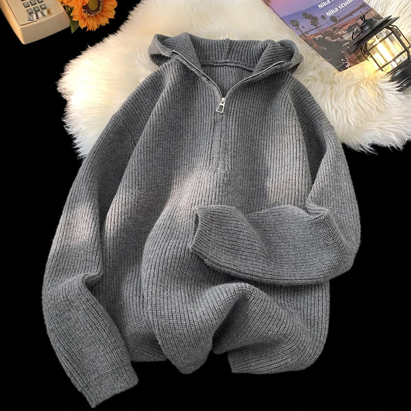 2024 Autumn Solid Color Half-zip Hooded Sweatshirt Japanese Casual Knitted Hoodie Trend Versatile Tops Women Men Clothing