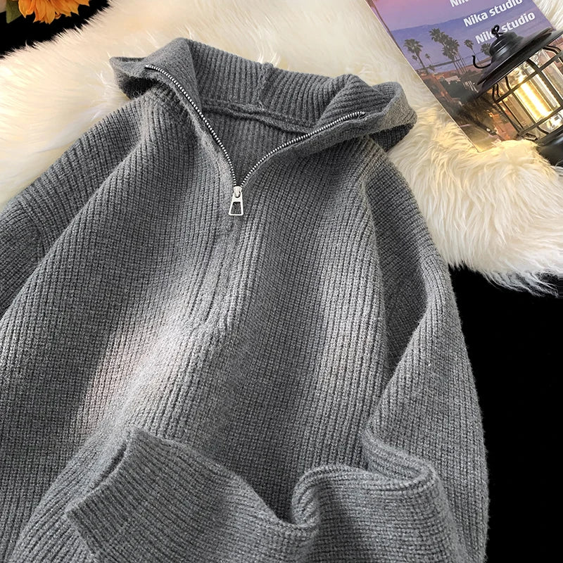 2024 Autumn Solid Color Half-zip Hooded Sweatshirt Japanese Casual Knitted Hoodie Trend Versatile Tops Women Men Clothing