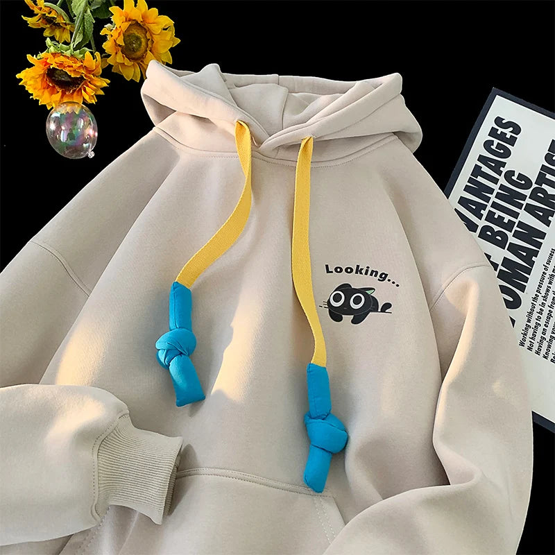 2024 Fall Cartoon Letter Printed Hooded Sweatshirt Designed Drawstring Casual Jacket Fashion Trend Women Men Clothing