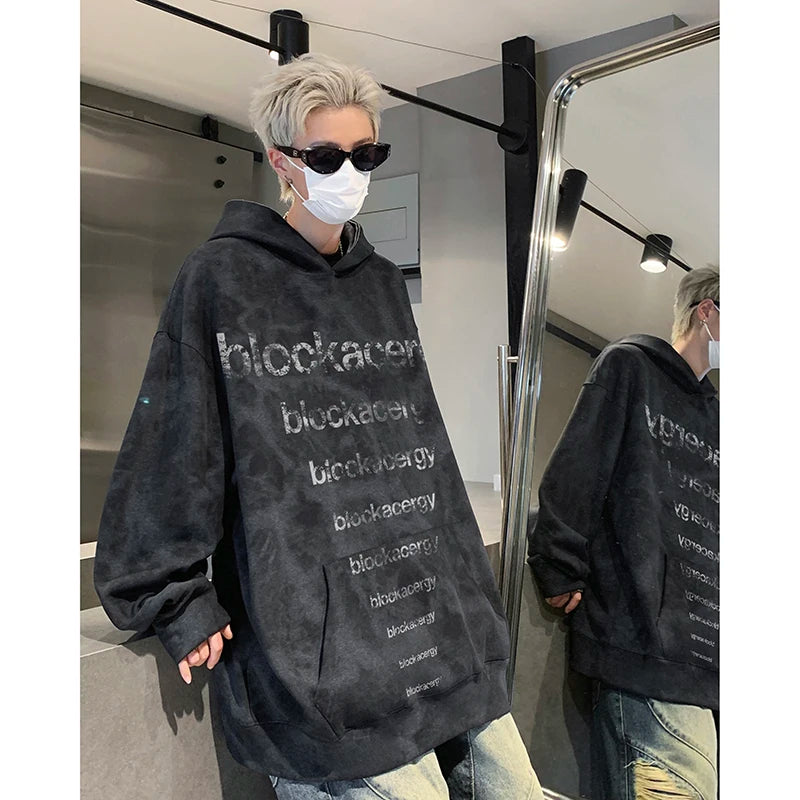 2024 Fall Letter Printed Hooded Sweatshirt Vintage Tie-Dye Dirty Jacket Design Sense Fashion Casual Tops Women Men Clothing