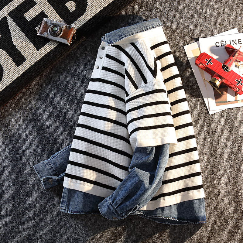 Fake Two Pieces Denim Splicing Jumper Korean Style Striped Long-sleeved Polo Shirt Men Women Casual Tops 2025 Autumn New Sweater