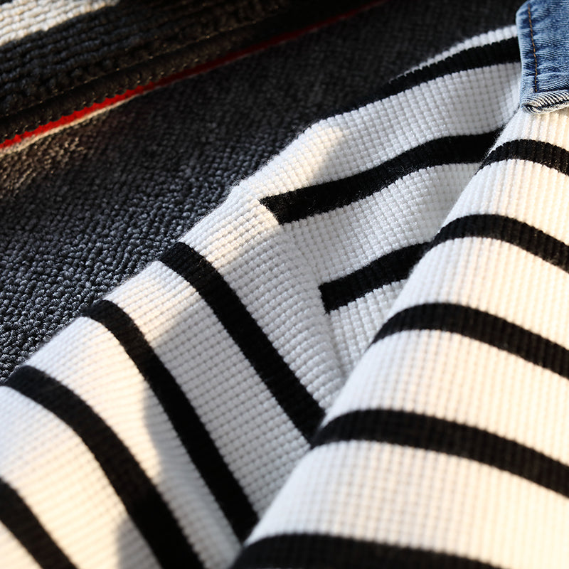 Fake Two Pieces Denim Splicing Jumper Korean Style Striped Long-sleeved Polo Shirt Men Women Casual Tops 2025 Autumn New Sweater