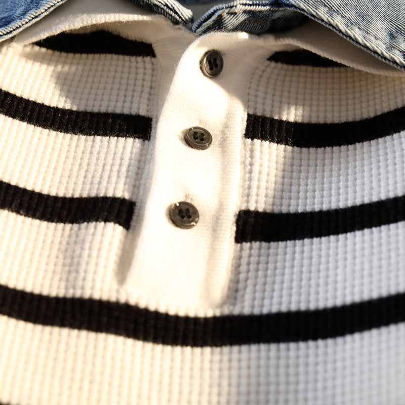 Fake Two Pieces Denim Splicing Jumper Korean Style Striped Long-sleeved Polo Shirt Men Women Casual Tops 2025 Autumn New Sweater