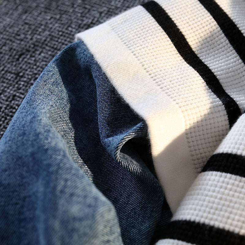 Fake Two Pieces Denim Splicing Jumper Korean Style Striped Long-sleeved Polo Shirt Men Women Casual Tops 2025 Autumn New Sweater