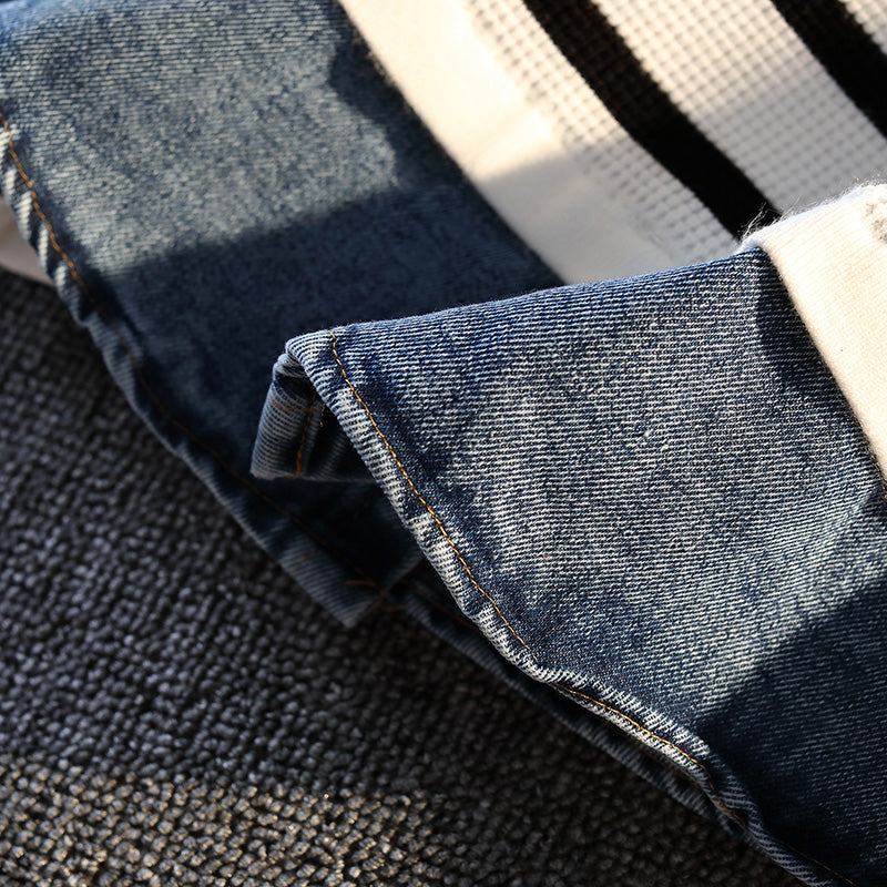 Fake Two Pieces Denim Splicing Jumper Korean Style Striped Long-sleeved Polo Shirt Men Women Casual Tops 2025 Autumn New Sweater