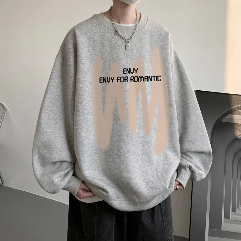 8-Colour Round Collar Solid Colour Men's Sweatshirt Graffiti Printing Korean Style Loose Sweatshirt Casual Men's Pullover