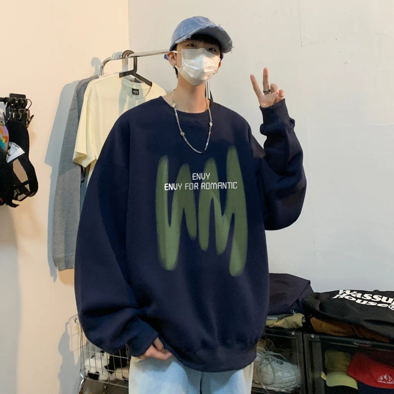 8-Colour Round Collar Solid Colour Men's Sweatshirt Graffiti Printing Korean Style Loose Sweatshirt Casual Men's Pullover