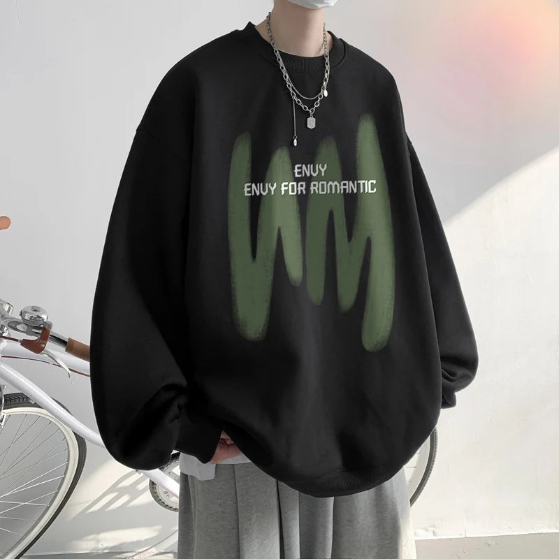 8-Colour Round Collar Solid Colour Men's Sweatshirt Graffiti Printing Korean Style Loose Sweatshirt Casual Men's Pullover