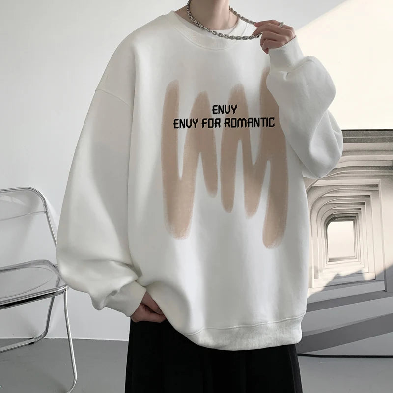 8-Colour Round Collar Solid Colour Men's Sweatshirt Graffiti Printing Korean Style Loose Sweatshirt Casual Men's Pullover