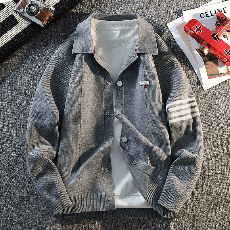 Retro Color Block Striped Knitted Cardigan New Autumn Winter Men's Sweater Classic Unisex Button-front Sweater