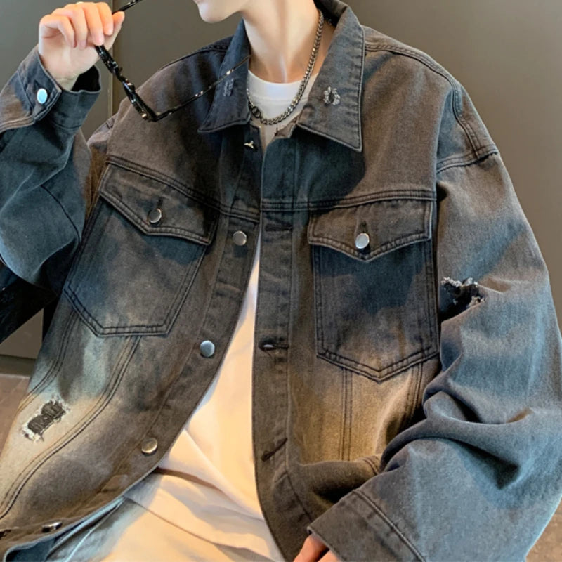 Autumn Broken Holes Denim Jacket Retro Design Sense of Men's Coat Loose Trend of Workwear Women's Men's Clothing