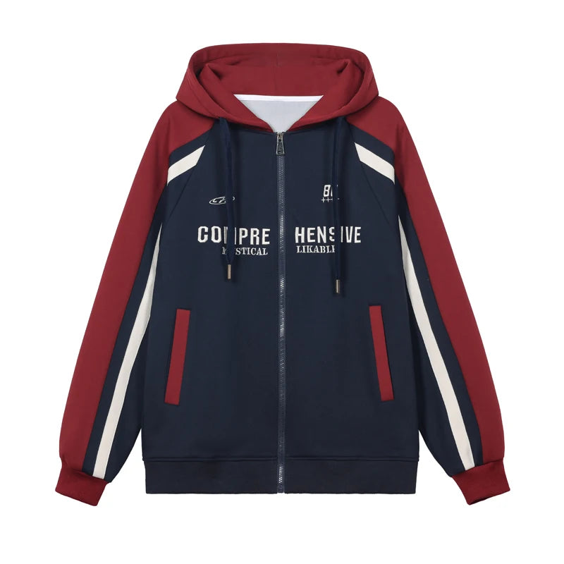 Autumn Retro Zip Hooded Sweatshirt Trendy Letter Printed Splicing Top Designed Fashion Sports Style Women's Men's Clothing