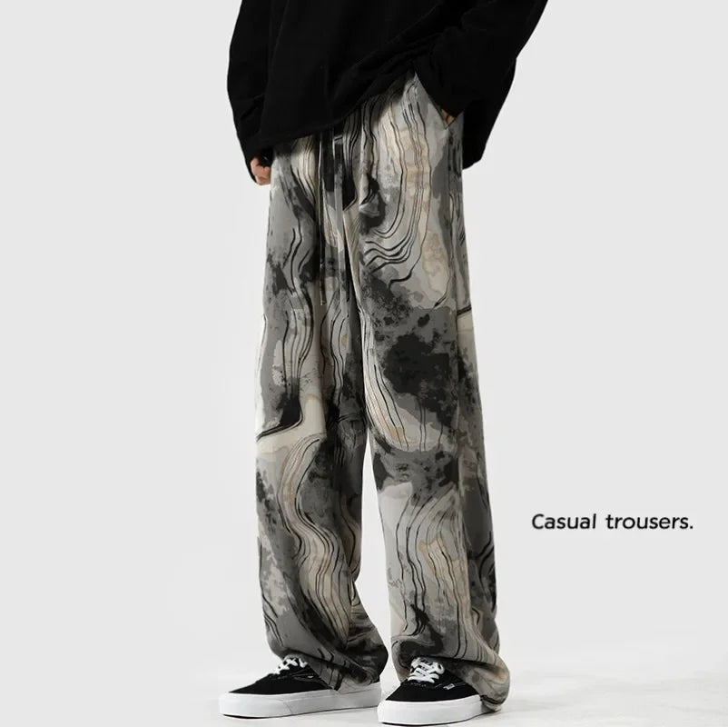 Fashion Brand Ink Smudge Design Casual Pants For Men Harajuku Straight-leg Pants High Street Baggy Wide Leg Trousers