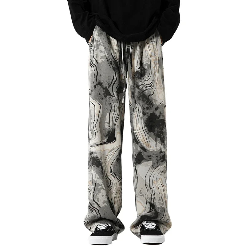 Fashion Brand Ink Smudge Design Casual Pants For Men Harajuku Straight-leg Pants High Street Baggy Wide Leg Trousers