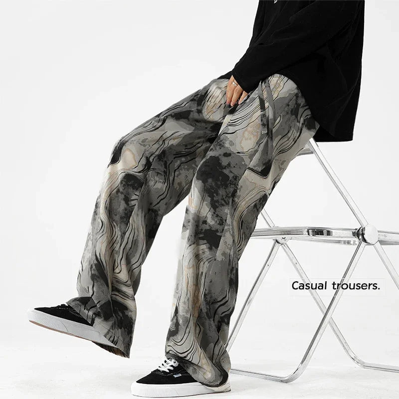 Fashion Brand Ink Smudge Design Casual Pants For Men Harajuku Straight-leg Pants High Street Baggy Wide Leg Trousers