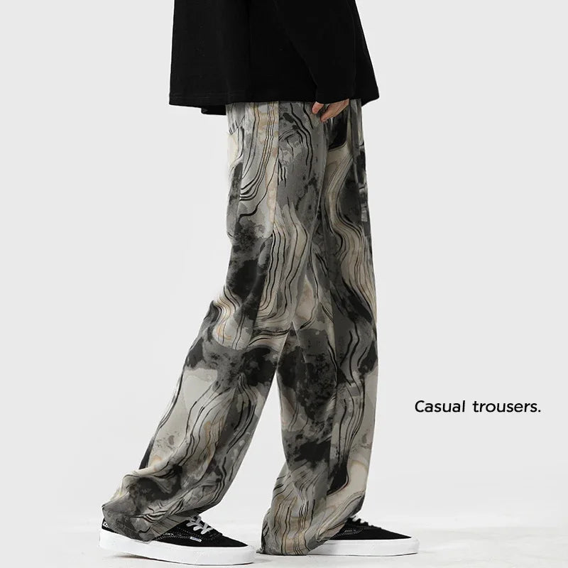 Fashion Brand Ink Smudge Design Casual Pants For Men Harajuku Straight-leg Pants High Street Baggy Wide Leg Trousers