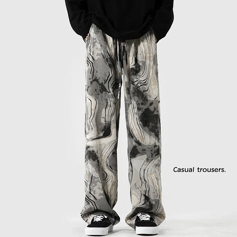 Fashion Brand Ink Smudge Design Casual Pants For Men Harajuku Straight-leg Pants High Street Baggy Wide Leg Trousers