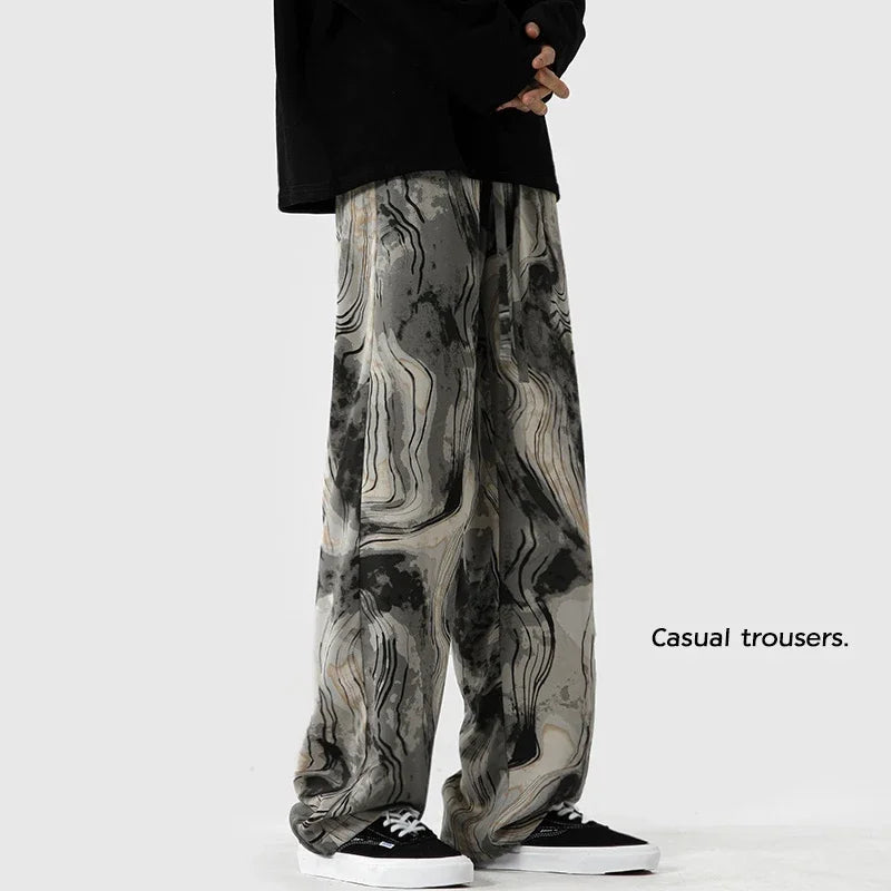 Fashion Brand Ink Smudge Design Casual Pants For Men Harajuku Straight-leg Pants High Street Baggy Wide Leg Trousers