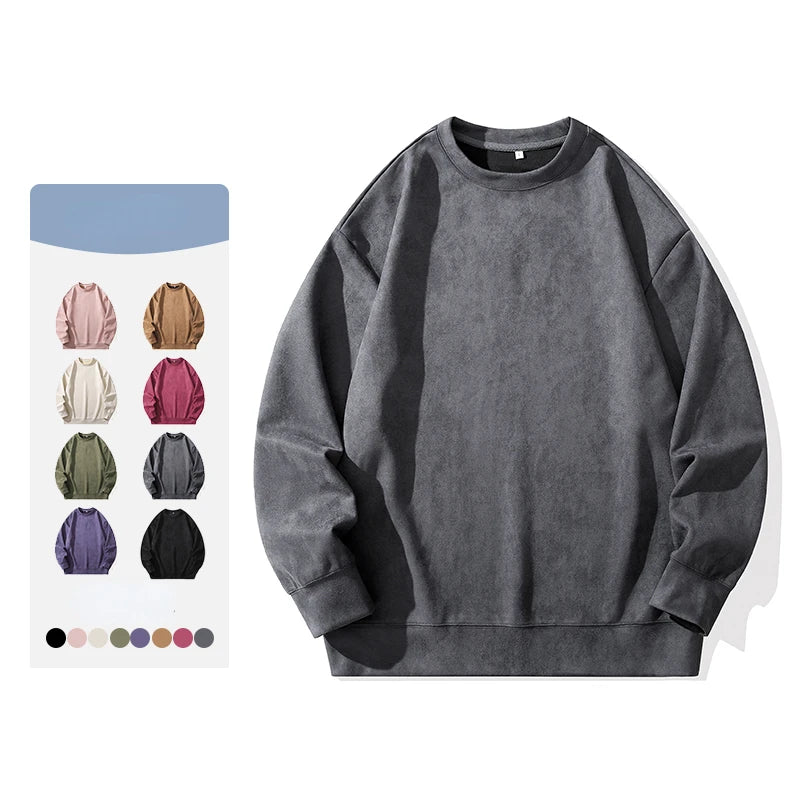 Faux Suede Sweatshirt 2024 Spring Solid Colour Basic Pullover Sweatshirt Multi-coloured Men Women Round Neck Casual Clothe