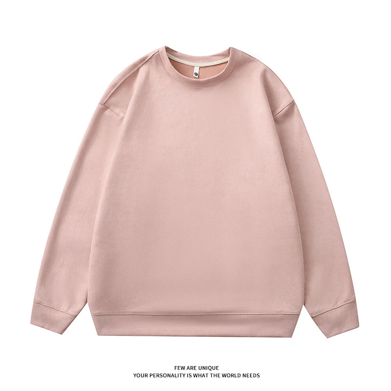 Faux Suede Sweatshirt 2024 Spring Solid Colour Basic Pullover Sweatshirt Multi-coloured Men Women Round Neck Casual Clothe