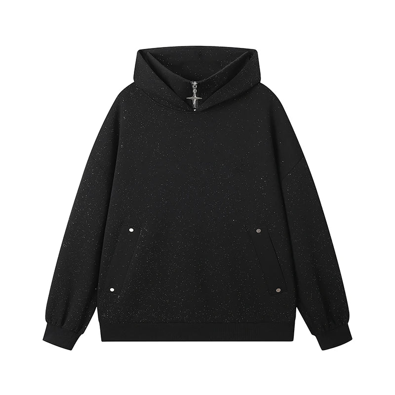 Full Star Hoodie 2024 Men's Spring Galaxy Hooded Sweatshirt Half Zip Design Fake Two Piece Shiny Hoodies High Street Clothing