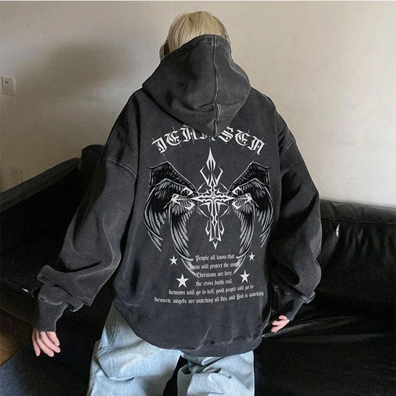 Gothic Wing Graphic Printed Hoodie Oversized Baggy Men Hooded Sweatshirt Hip Hop Streetwear 2024 New Male Hoodies