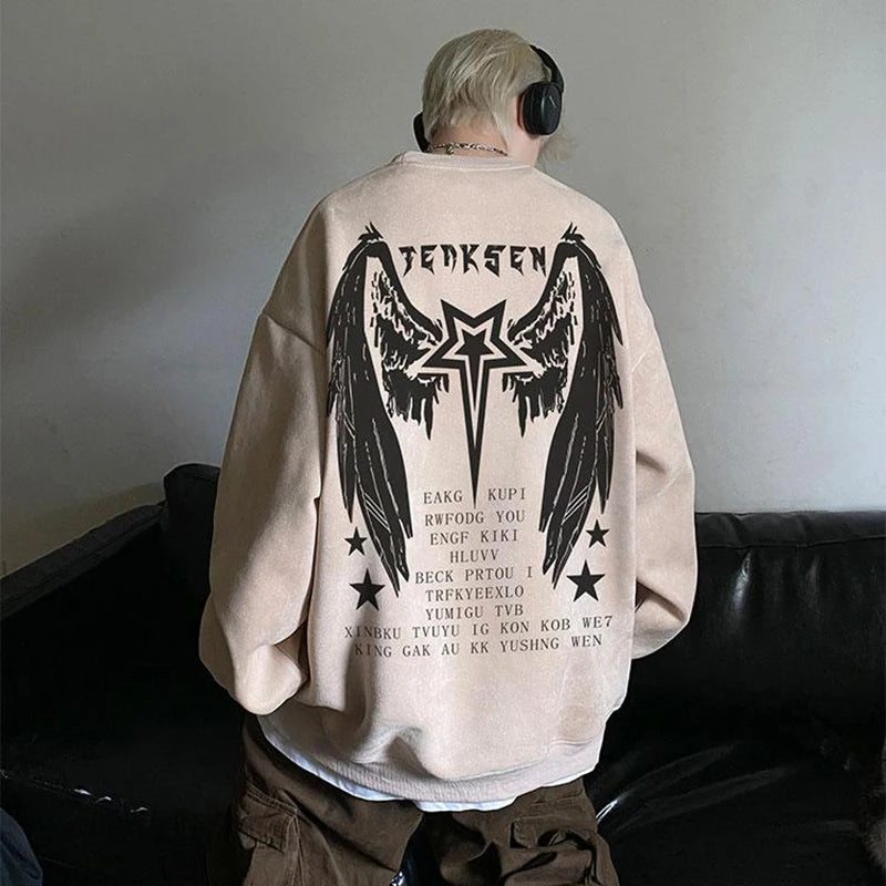 High Street Men Sweatshirt Angel Wing Graphic Printed Gothic Style Pullover Sweatshirts Oversize Baggy Hip Hop Round Neck Hoodie