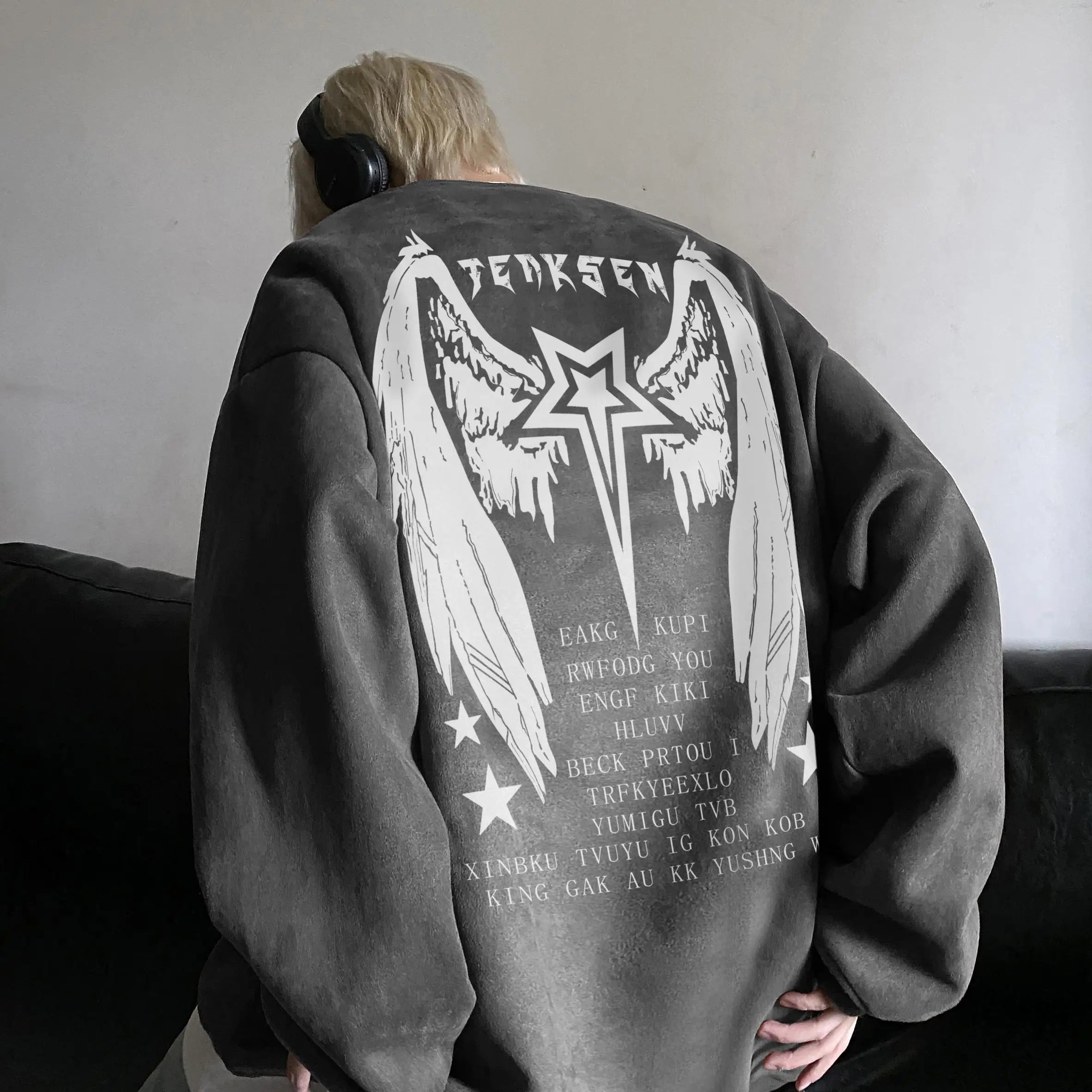 High Street Men Sweatshirt Angel Wing Graphic Printed Gothic Style Pullover Sweatshirts Oversize Baggy Hip Hop Round Neck Hoodie